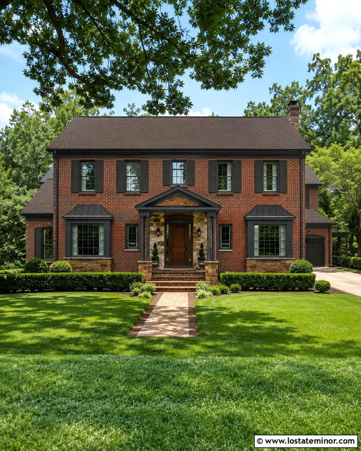 Red Brick And Stone House With Dark Trim - 30 Stone House Design With Accents Ideas