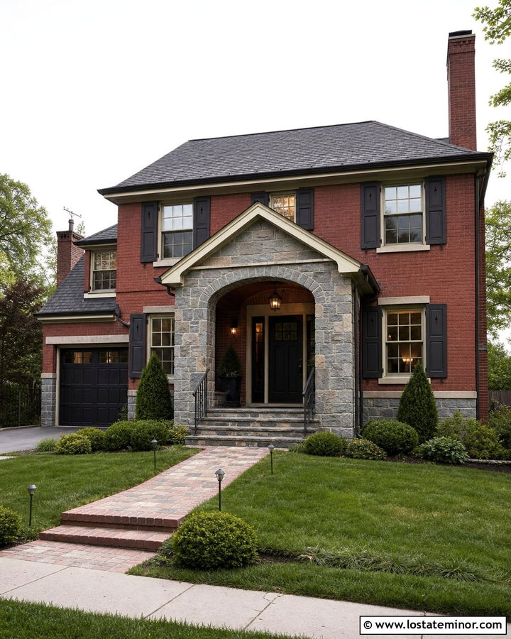 Red Brick House With Gray Stone Accents - 30 Stone House Design With Stone Accents Ideas