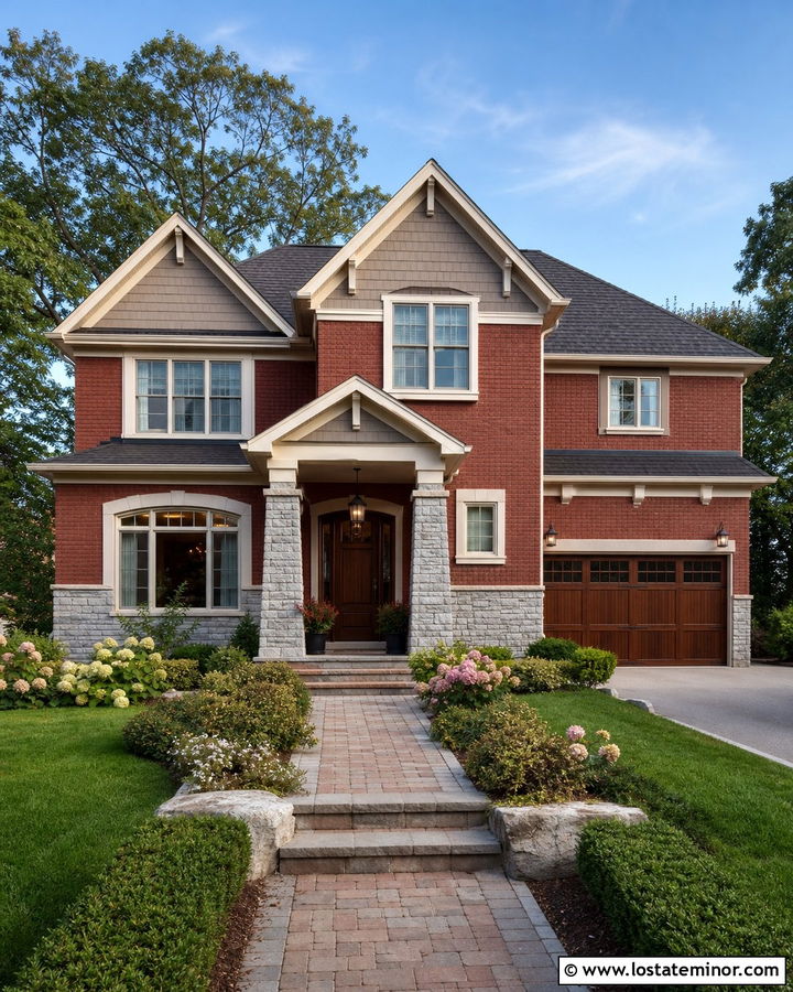 Red Brick House With Gray Stone Wainscoting - 30 Stone House Design With Wainscoting Ideas