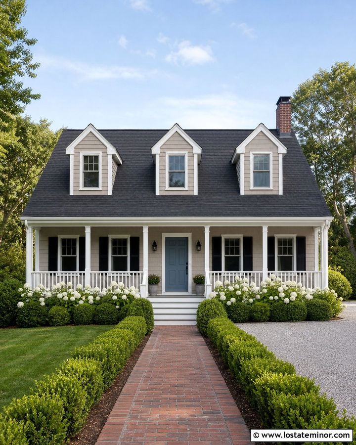 Revere Pewter Cape Cod With White Porch Columns - 30 Taupe House Design With Porch Columns Ideas