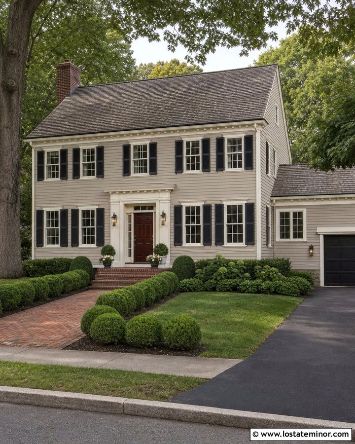 Revere Pewter Greige House With Swiss Coffee Trim - 30 Greige House Design With Trim Ideas