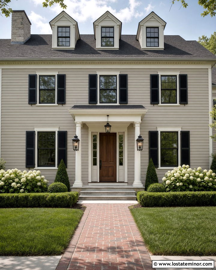 Revere Pewter House With Black Lanterns - 30 Greige House Design With Light Fixtures Ideas