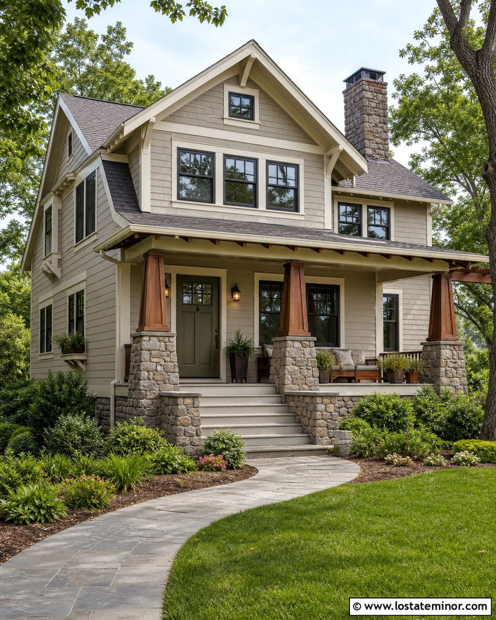 Revere Pewter House With Fieldstone Porch - 30 Greige House Design With Stone Accents Ideas
