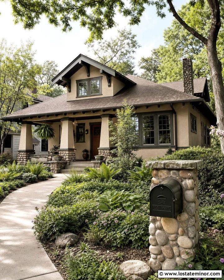 River Rock Bungalow With Green Mailbox - 30 Stone House Design With Mailbox Ideas