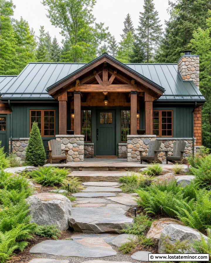 River Rock Cabin With Rustic Front Porch - 30 Stone House Design With Front Porch Ideas