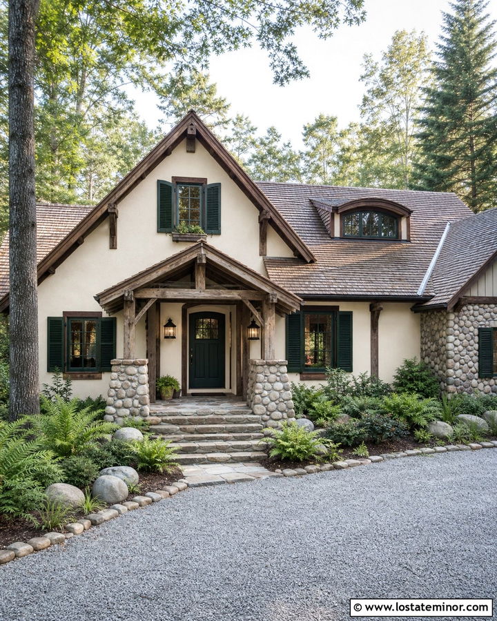 River Rock House With Forest Green Shutters - 30 Stone House Design With Shutters Ideas