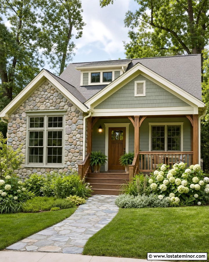 River Rock House With Sage Green Trim - 30 Stone House Design With Trim Ideas