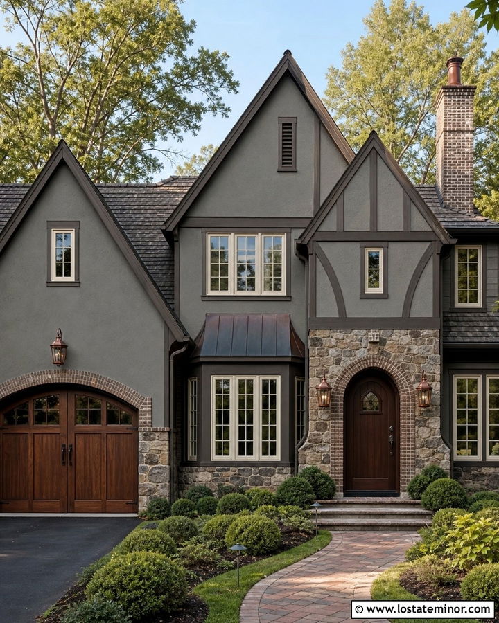 Rockport Gray House With Copper Sconces - 30 Greige House Design With Light Fixtures Ideas