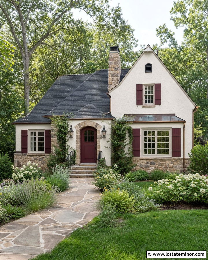 Rubble Stone Cottage With Burgundy Shutters - 30 Stone House Design With Shutters Ideas