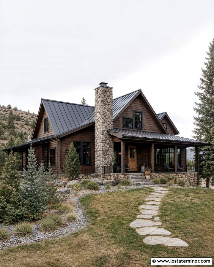 Rustic Cabin With Stone Chimney And Wood Siding - 30 Stone House Design With Stone Accents Ideas