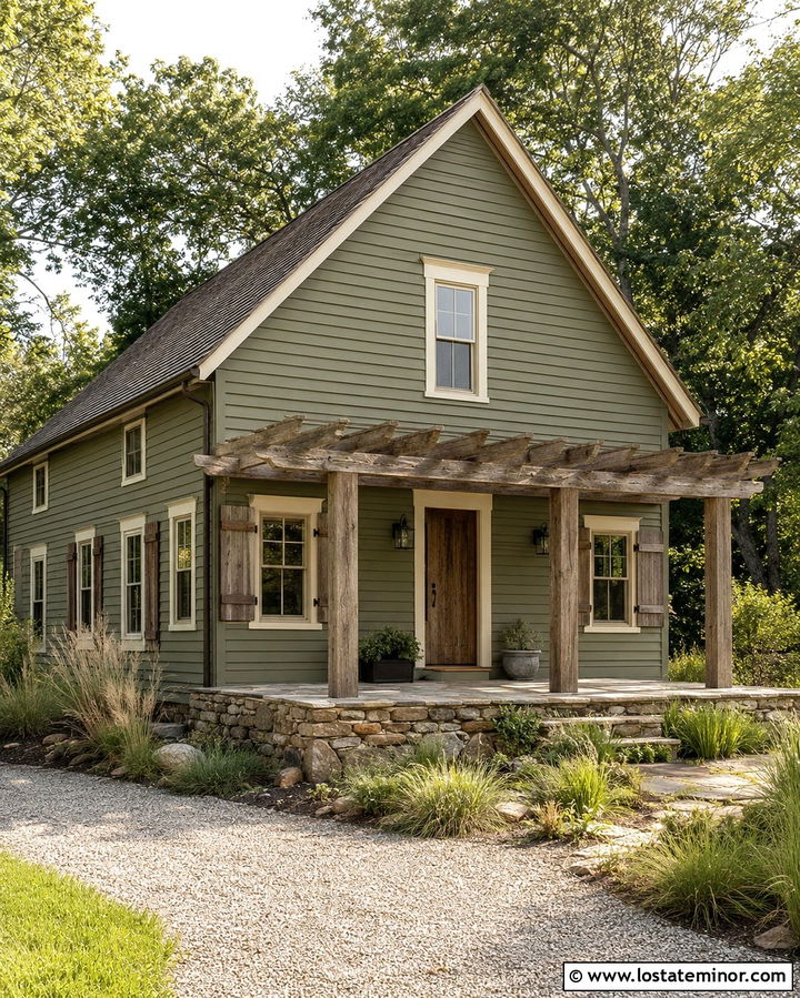 Rustic Olive Green House With Reclaimed Wood Pergola - 30 Olive Green House Design With Pergola Ideas