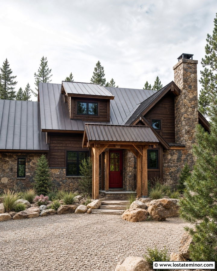 Rustic Stone Cabin With Corrugated Metal Awning - 30 Stone House Design With Awning Ideas