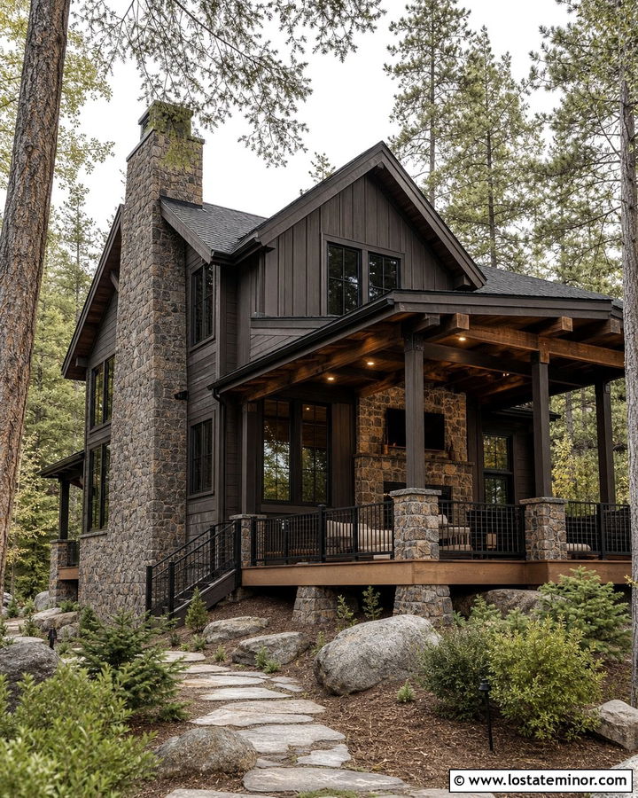 Rustic Stone Cabin With Covered Deck - 30 Stone House Design With Deck Ideas