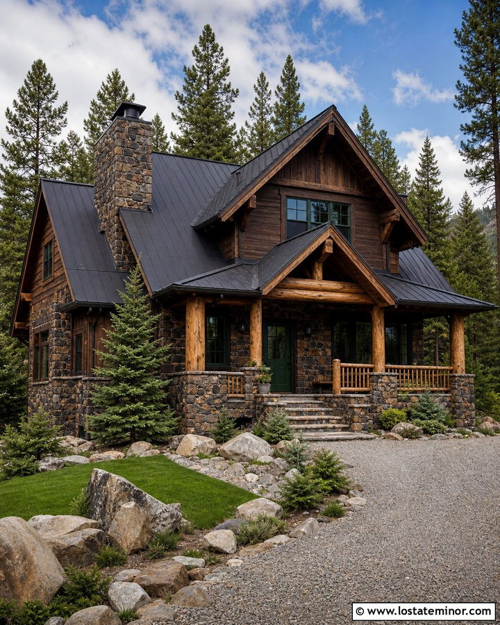 Rustic Stone Cabin With Log Railings - 30 Stone House Design With Railings Ideas