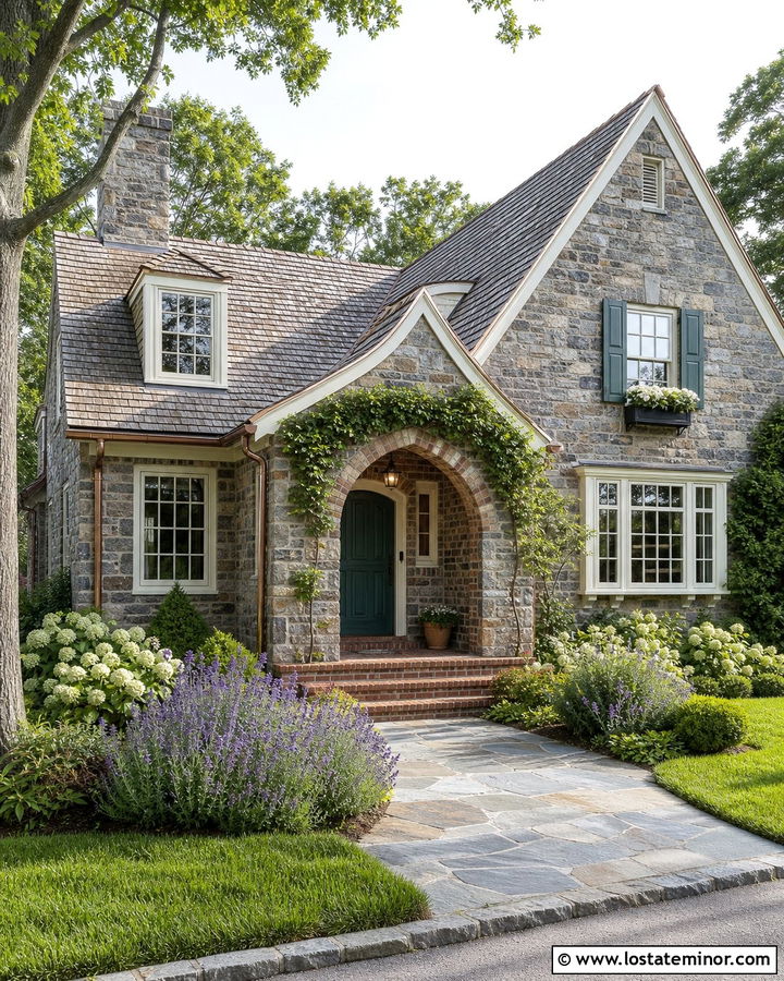 Rustic Stone Cottage With Brick Porch Accents - 30 Stone House Design With Brick Accents Ideas