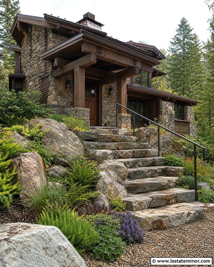 Rustic Stone House With Boulder Steps - 30 Stone House Design With Steps Ideas