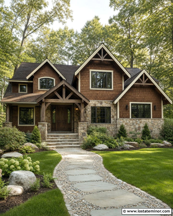 Rustic Stone House With Brown Shingles - 30 Stone House Design With Shingles Ideas