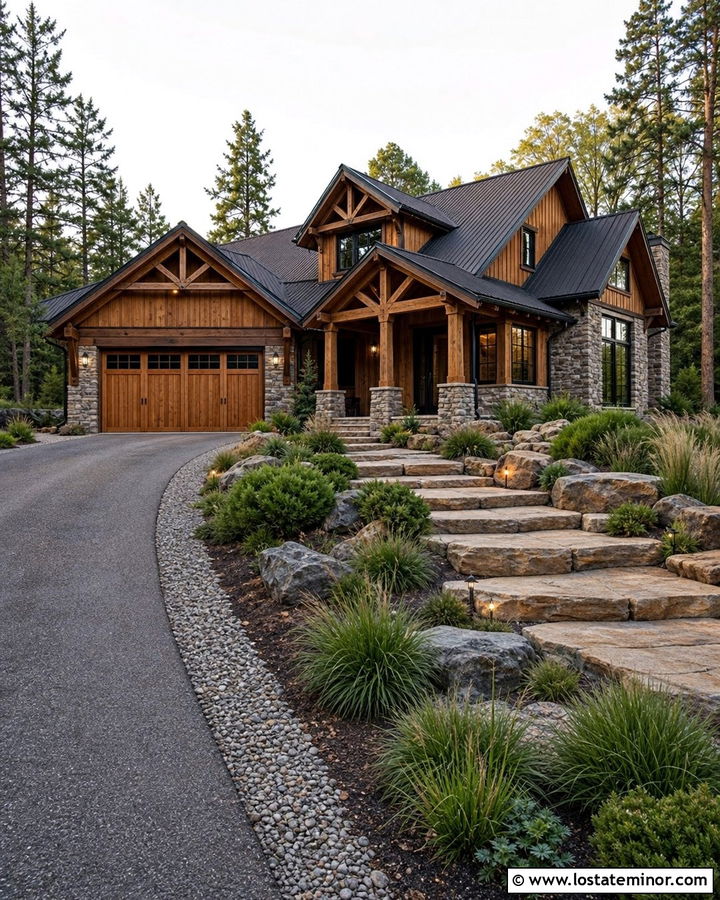 Rustic Stone House With Cedar Garage Door - 30 Stone House Design With Garage Door Ideas