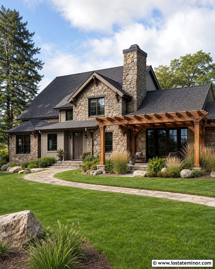 Rustic Stone House With Cedar Pergola - 30 Stone House Design With Pergola Ideas