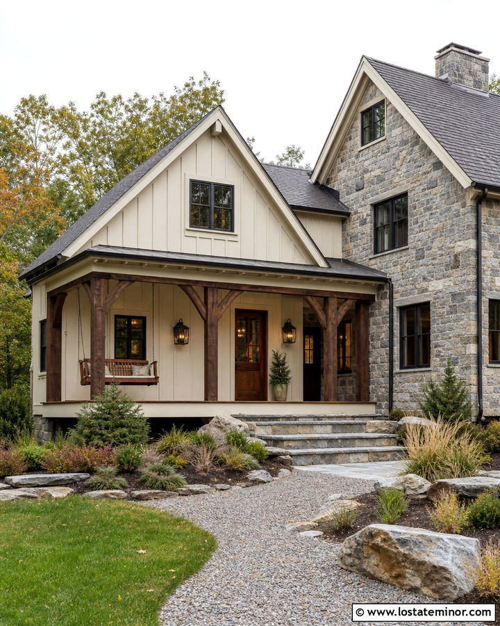 Rustic Stone House With Cedar Porch Swing - 30 Stone House Design With Swing Ideas