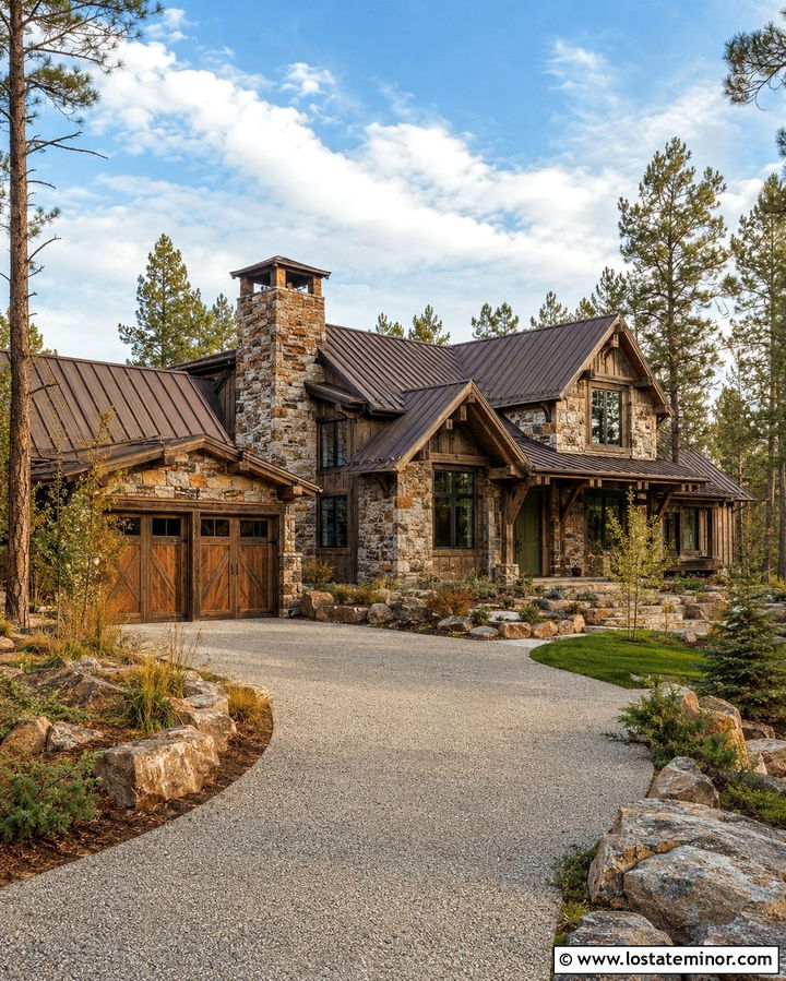 Rustic Stone House With Crushed Granite Driveway - 30 Stone House Design With Driveway Ideas