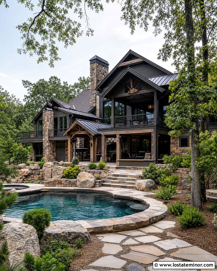 Rustic Stone House With Freeform Pool - 30 Stone House Design With Swimming Pool Ideas