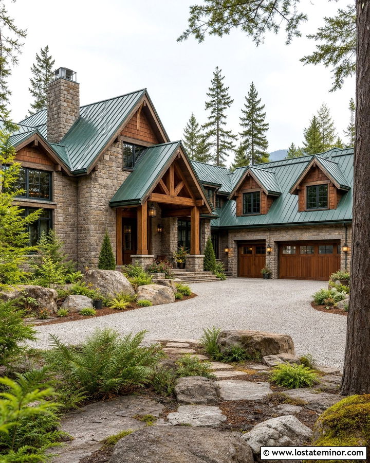 Rustic Stone House With Green Metal Roof - 30 Stone House Design With Roof Ideas