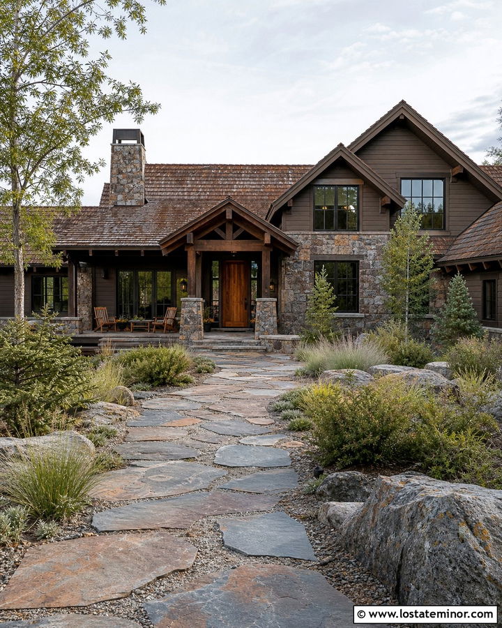 Rustic Stone House With Irregular Stone Walkway - 30 Stone House Design With Walkway Ideas