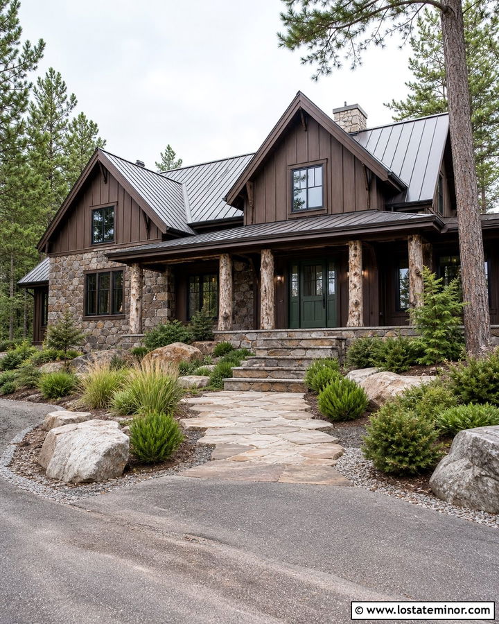 Rustic Stone House With Log Porch Columns - 30 Stone House Design With Porch Columns Ideas