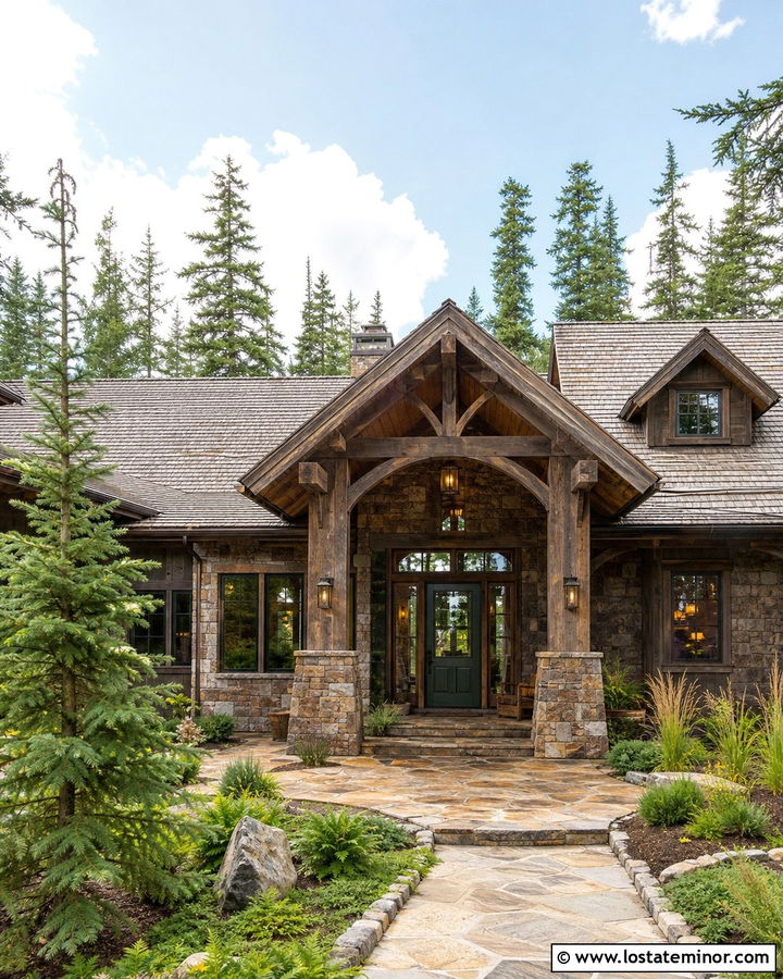 Rustic Stone House With Pine Porch Ceiling - 30 Stone House Design With Porch Ceiling Ideas
