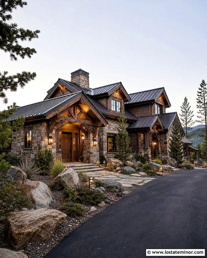 Rustic Stone House With Timber Beam Lighting - 30 Stone House Design With Lighting Ideas