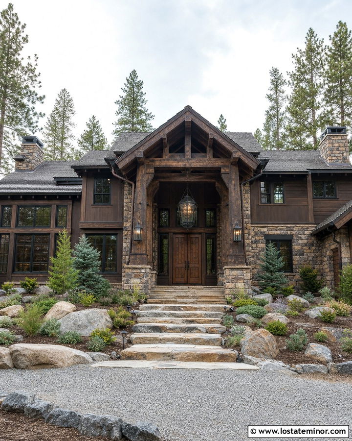 Rustic Stone Lodge With Forged Iron Lights - 30 Stone House Design With Light Fixtures Ideas