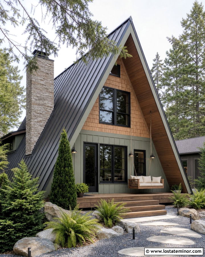 Sage Green A Frame House With Hanging Swing - 30 Sage Green House Design With Swing Ideas