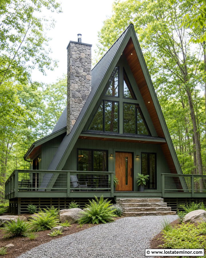 Sage Green A Frame House With Stone Chimney - 30 Sage Green House Design With Stone Accents Ideas