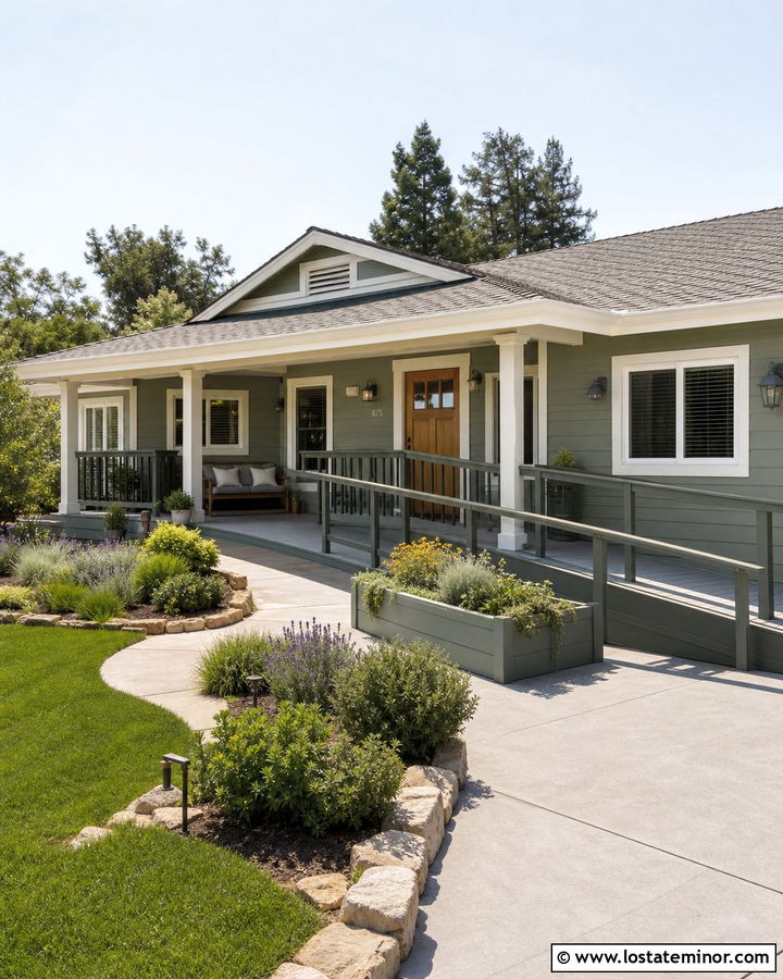 Sage Green Accessible House With Ramp Front Porch - 30 Sage Green House Design With Front Porch Ideas
