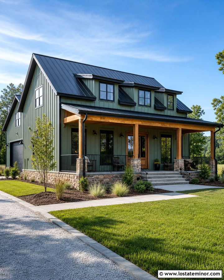 Sage Green Barndominium With Covered Front Porch - 30 Sage Green House Design With Front Porch Ideas