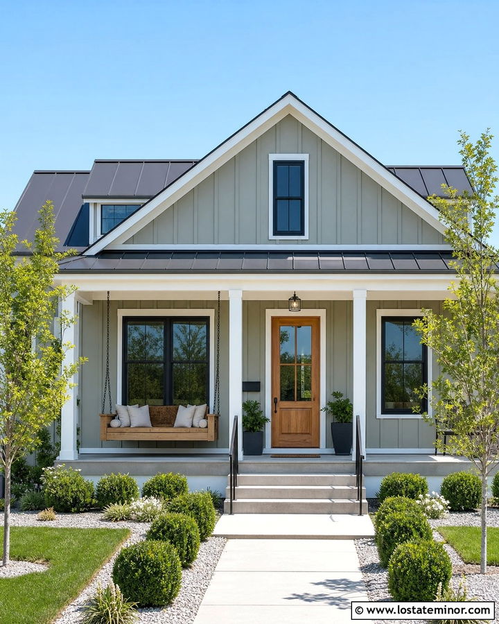 Sage Green Board And Batten House With Bed Swing - 30 Sage Green House Design With Swing Ideas