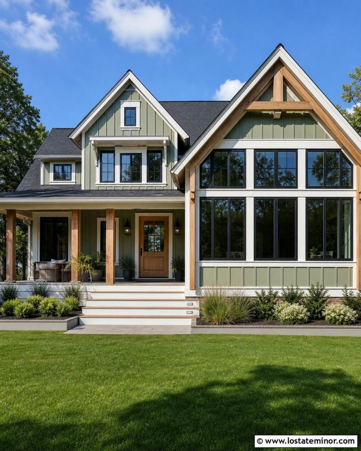 Sage Green Board And Batten House With Gabled Sunroom - 30 Sage Green House Design With Sunroom Ideas