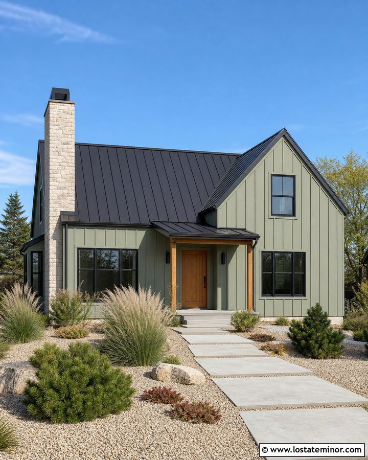 Sage Green Board And Batten House With Gravel Yard - 30 Sage Green House Design With Front Yard Ideas