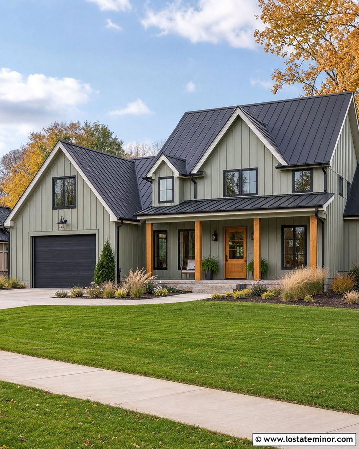 Sage Green Board And Batten Siding With Black Windows - 30 Sage Green House Design With Siding Ideas