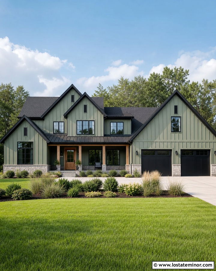 Sage Green Board and Batten With Black Garage Doors - 30 Sage Green House Design With Board and Batten Ideas