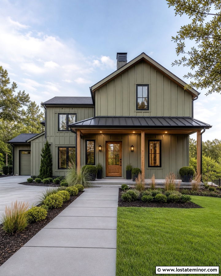Sage Green Board and Batten With Black Windows - 30 Sage Green House Design With Board and Batten Ideas