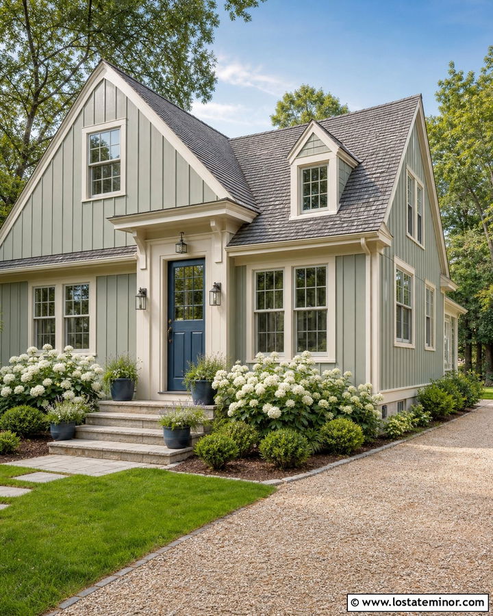 Sage Green Board and Batten With Blue Front Door - 30 Sage Green House Design With Board and Batten Ideas