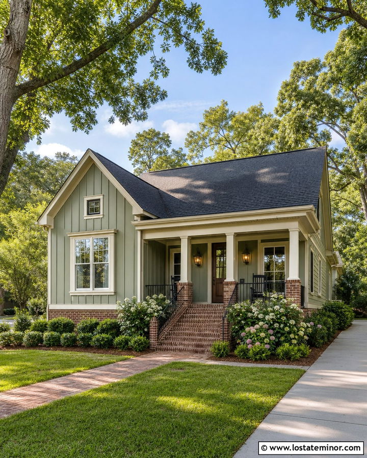 Sage Green Board and Batten With Brick Porch - 30 Sage Green House Design With Board and Batten Ideas