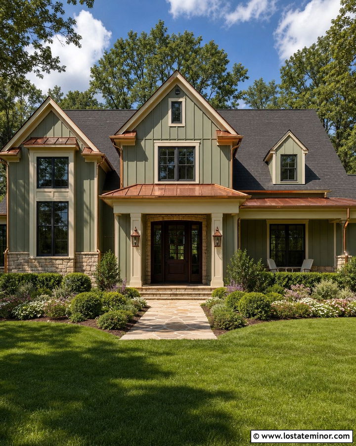 Sage Green Board and Batten With Copper Accents - 30 Sage Green House Design With Board and Batten Ideas