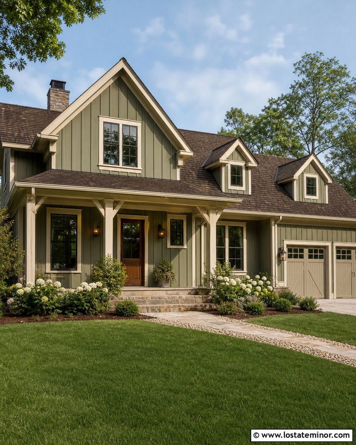 Sage Green Board and Batten With Cream Trim - 30 Sage Green House Design With Board and Batten Ideas