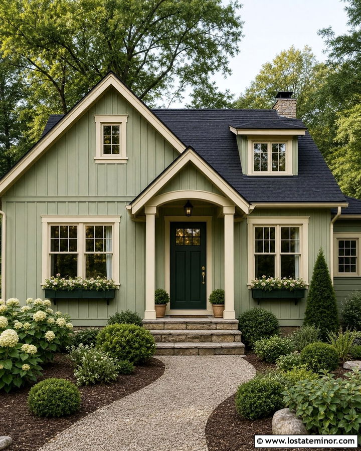 Sage Green Board and Batten With Dark Green Door - 30 Sage Green House Design With Board and Batten Ideas
