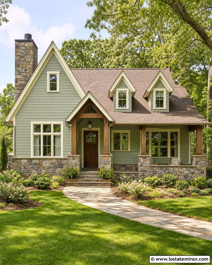 Sage Green Board and Batten With Fieldstone - 30 Stone House Design With Board and Batten Ideas