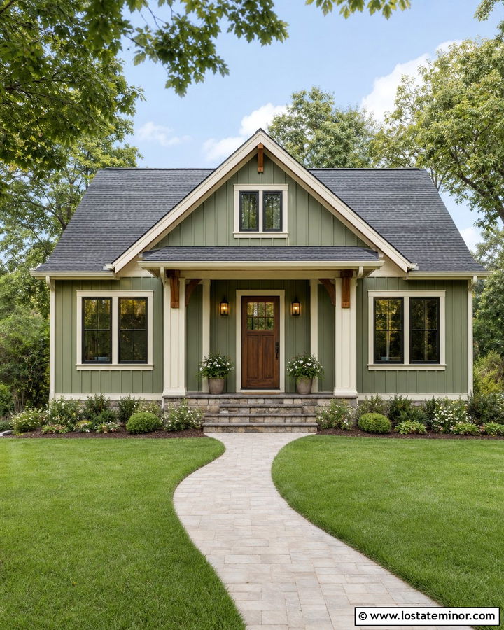 Sage Green Board and Batten With Natural Wood Door - 30 Sage Green House Design With Board and Batten Ideas