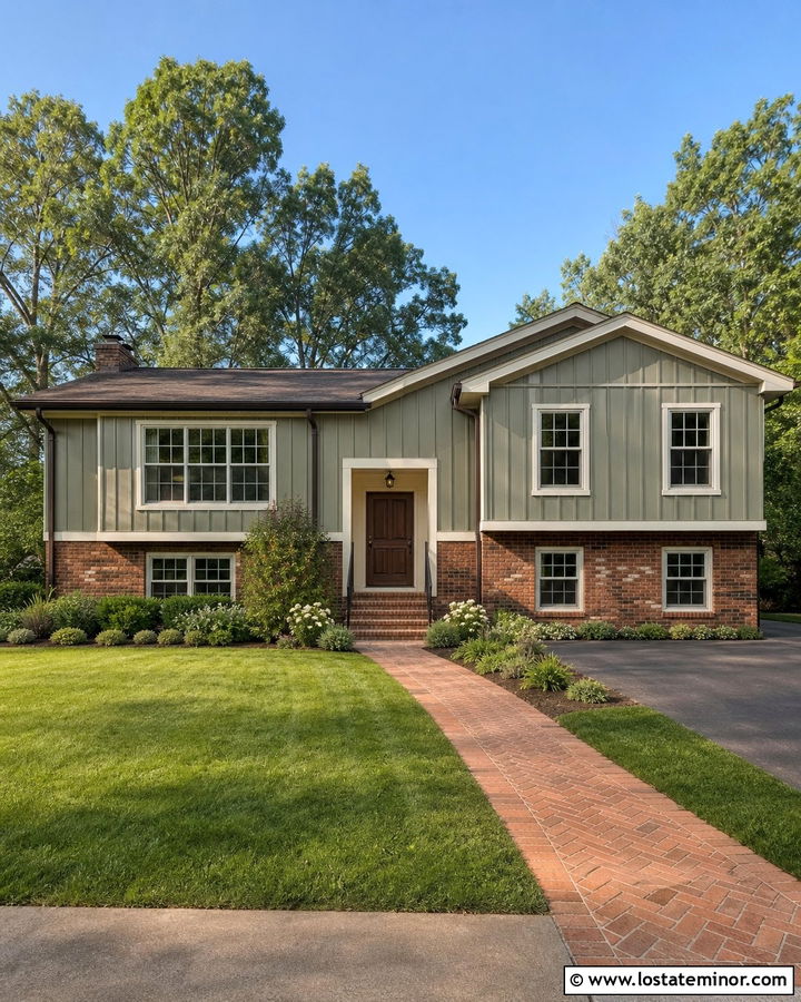 Sage Green Board and Batten With Red Brick - 30 Sage Green House Design With Board and Batten Ideas